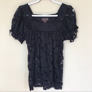 Trulli Sheer Floral Square Neck Puff Sleeve Blouse